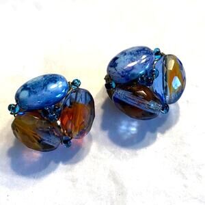 Mid century beaded clip on earrings blue stones & gold faceted glass beads
